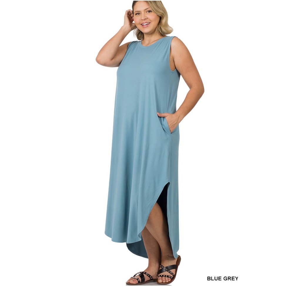 Plus Size Blue Gray Sleeveless Maxi Dress‎ High Low Hem Pockets Size 1X
